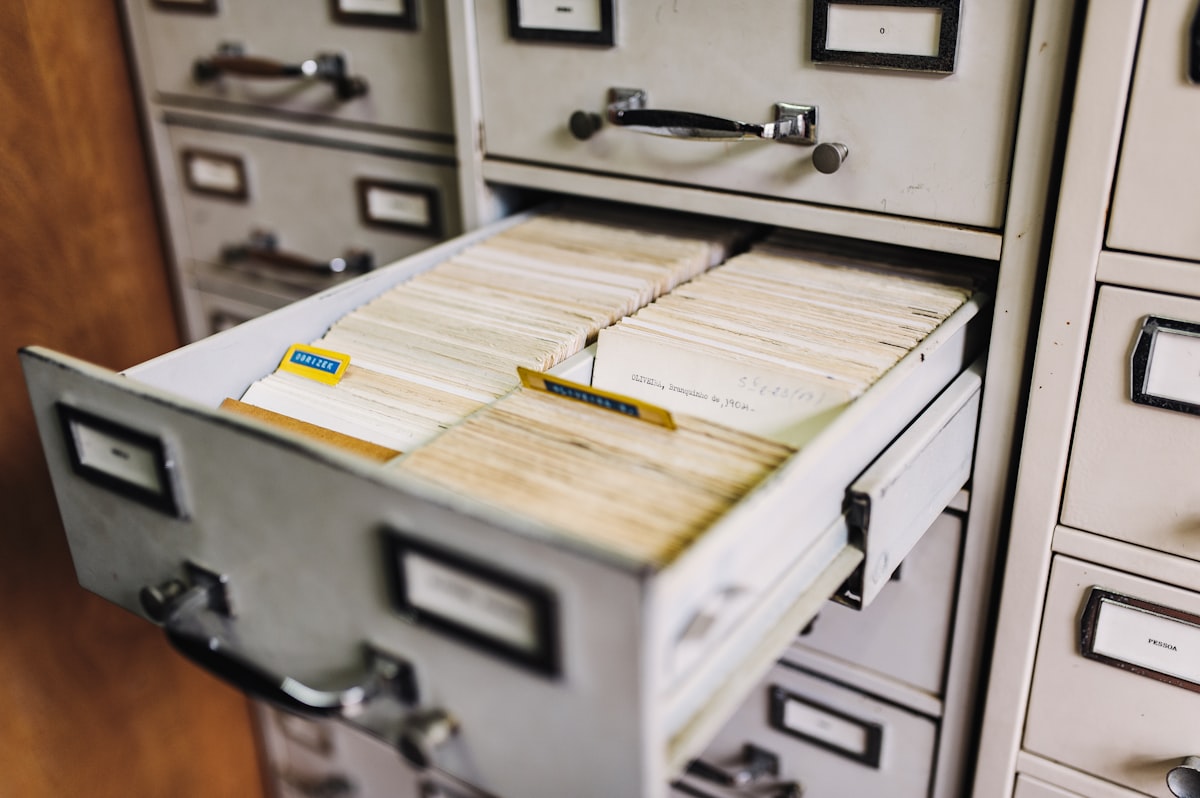 Rows of drawers in an office filing cabinet